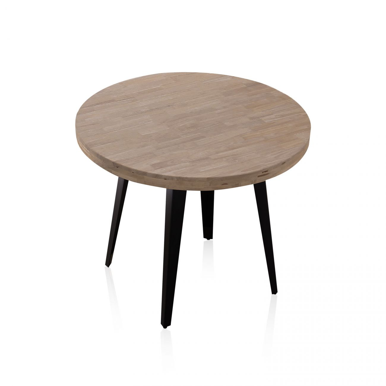 Mesa redonda de madera con patas negras sobre fondo blanco.
