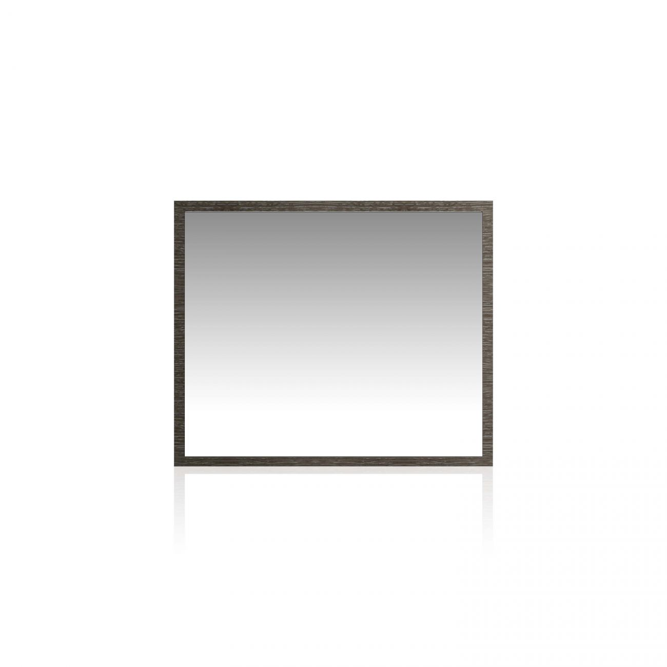 Un espejo rectangular con marco de madera oscura sobre fondo blanco.