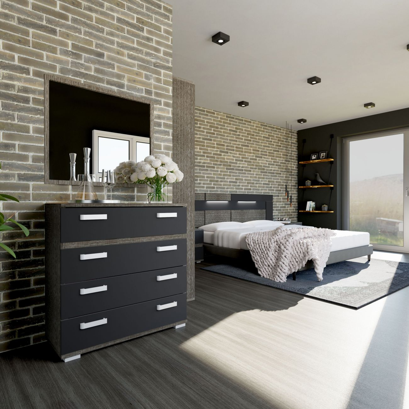 Dormitorio moderno con pared de ladrillo gris, cómoda, cama y ventana.