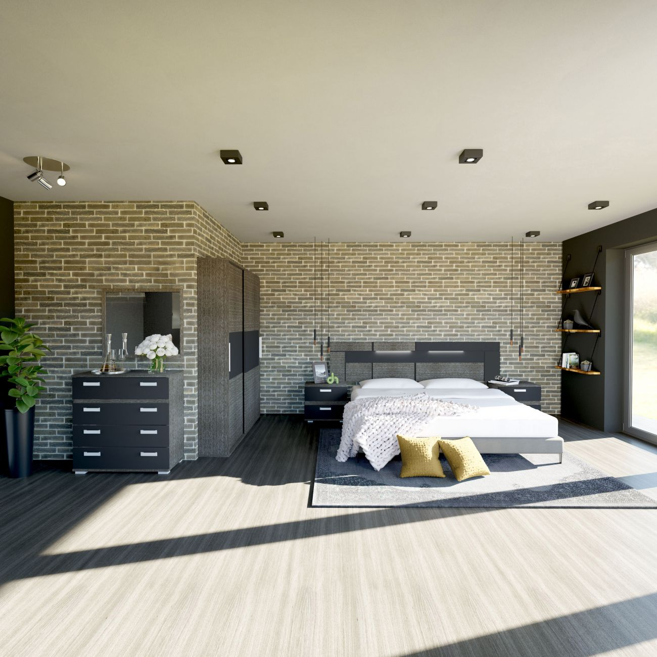 Dormitorio moderno con pared de ladrillo, cama, cómoda, armario y planta.