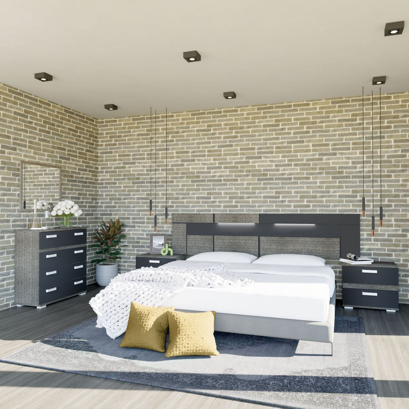 Un dormitorio moderno con cama grande, mesitas de noche, cómoda y pared de ladrillos.