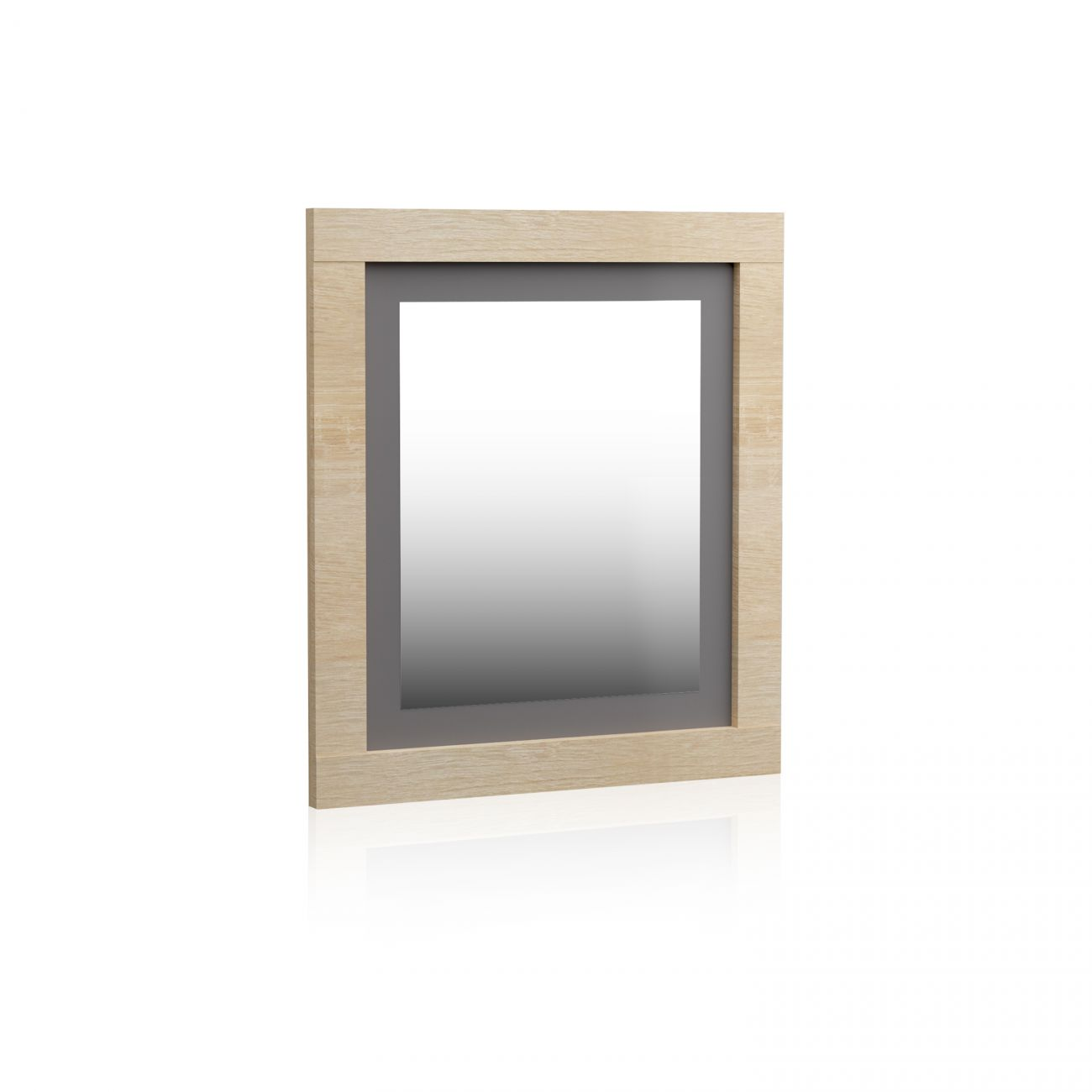 Un espejo rectangular con marco de madera clara y borde interior oscuro.