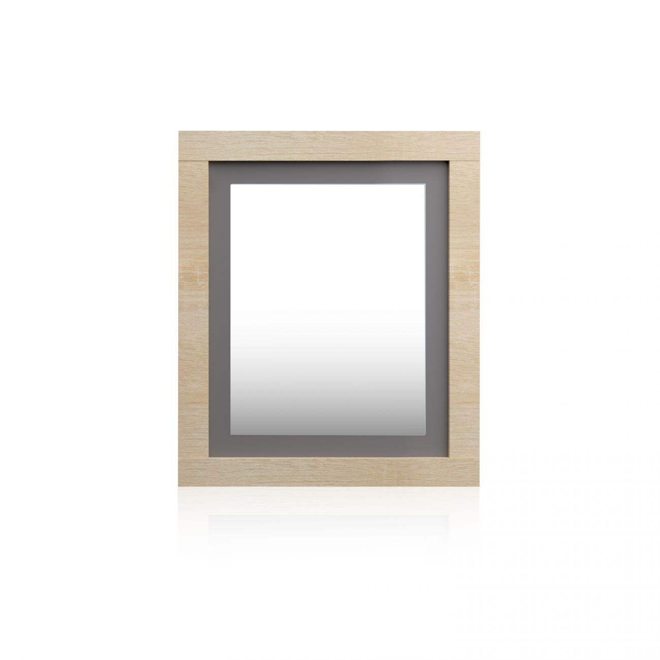 Un espejo rectangular con marco de madera clara y borde gris.