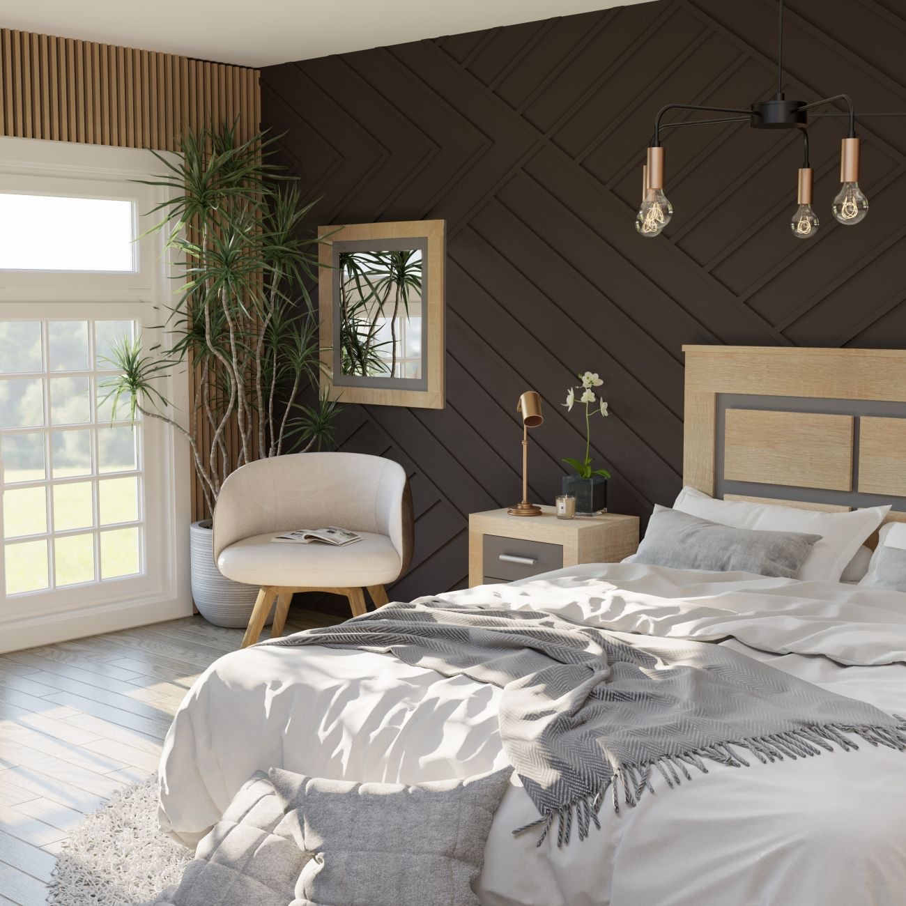 Un dormitorio con una cama grande, sillón, planta y ventana.