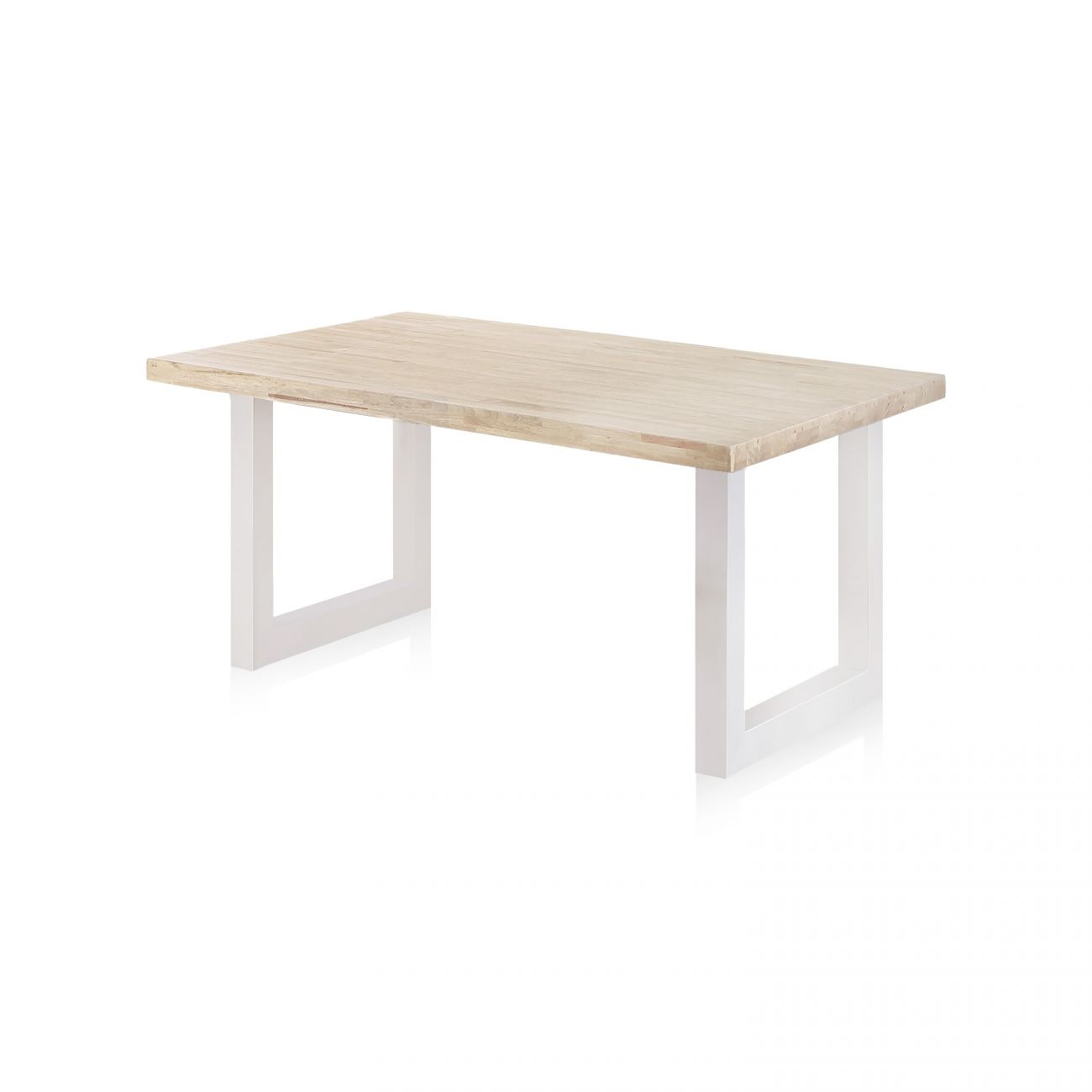 Mesa de madera con patas de metal blancas sobre fondo blanco.