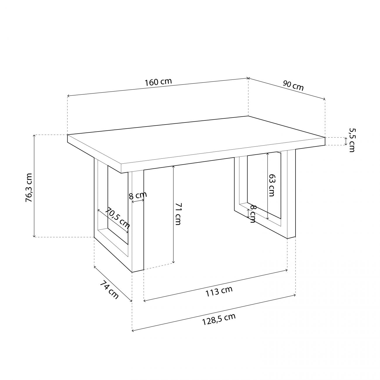 Dibujo técnico de una mesa con dimensiones: L 160cm, A 90cm, Al 76,3cm.