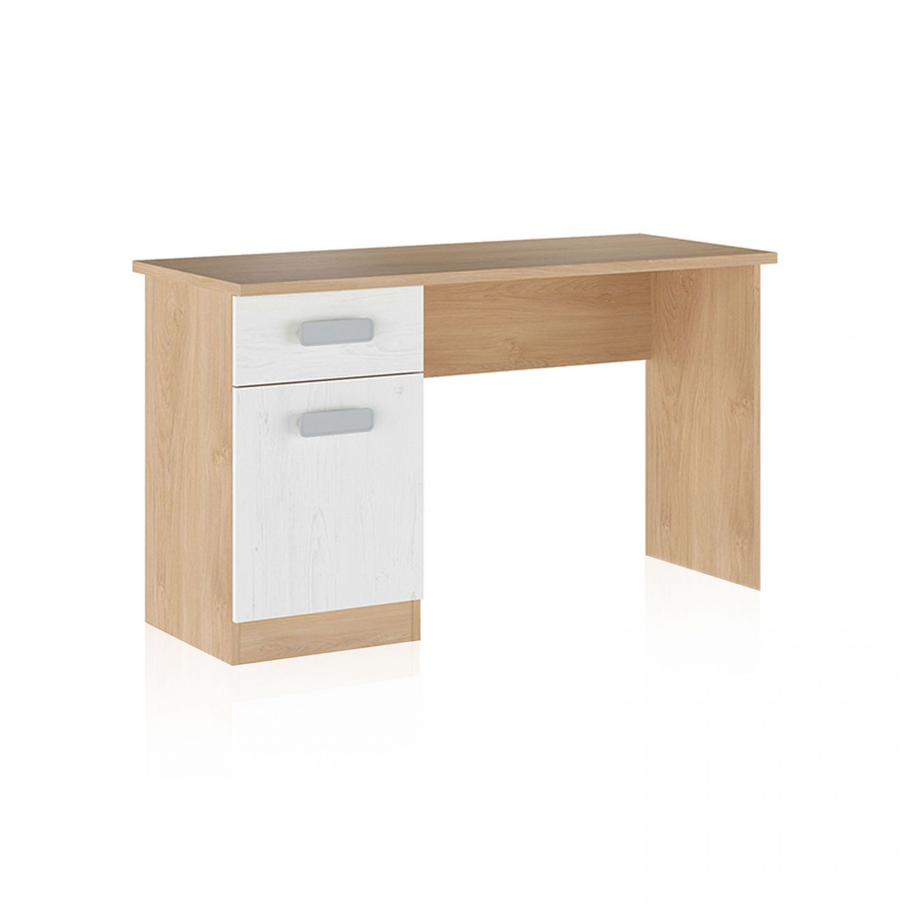 Un escritorio de madera clara con dos cajones y una puerta, frontal blanco.