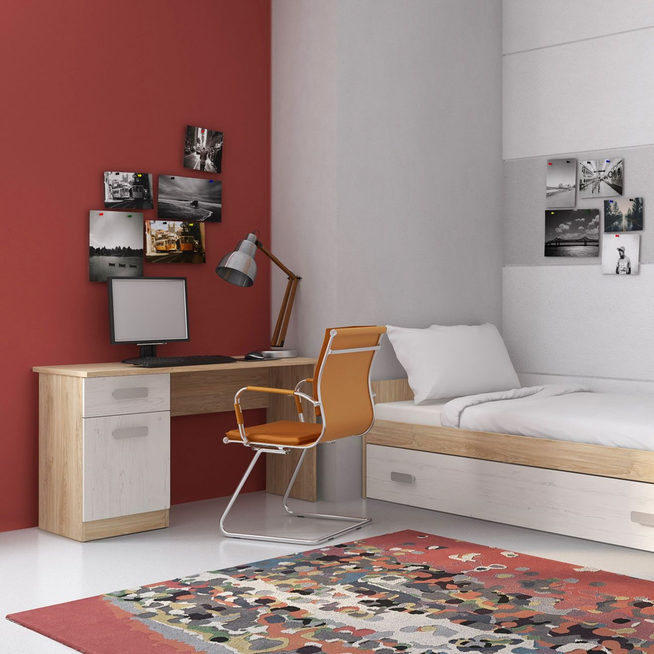 Un dormitorio con escritorio, cama y alfombra. Fotos en la pared.