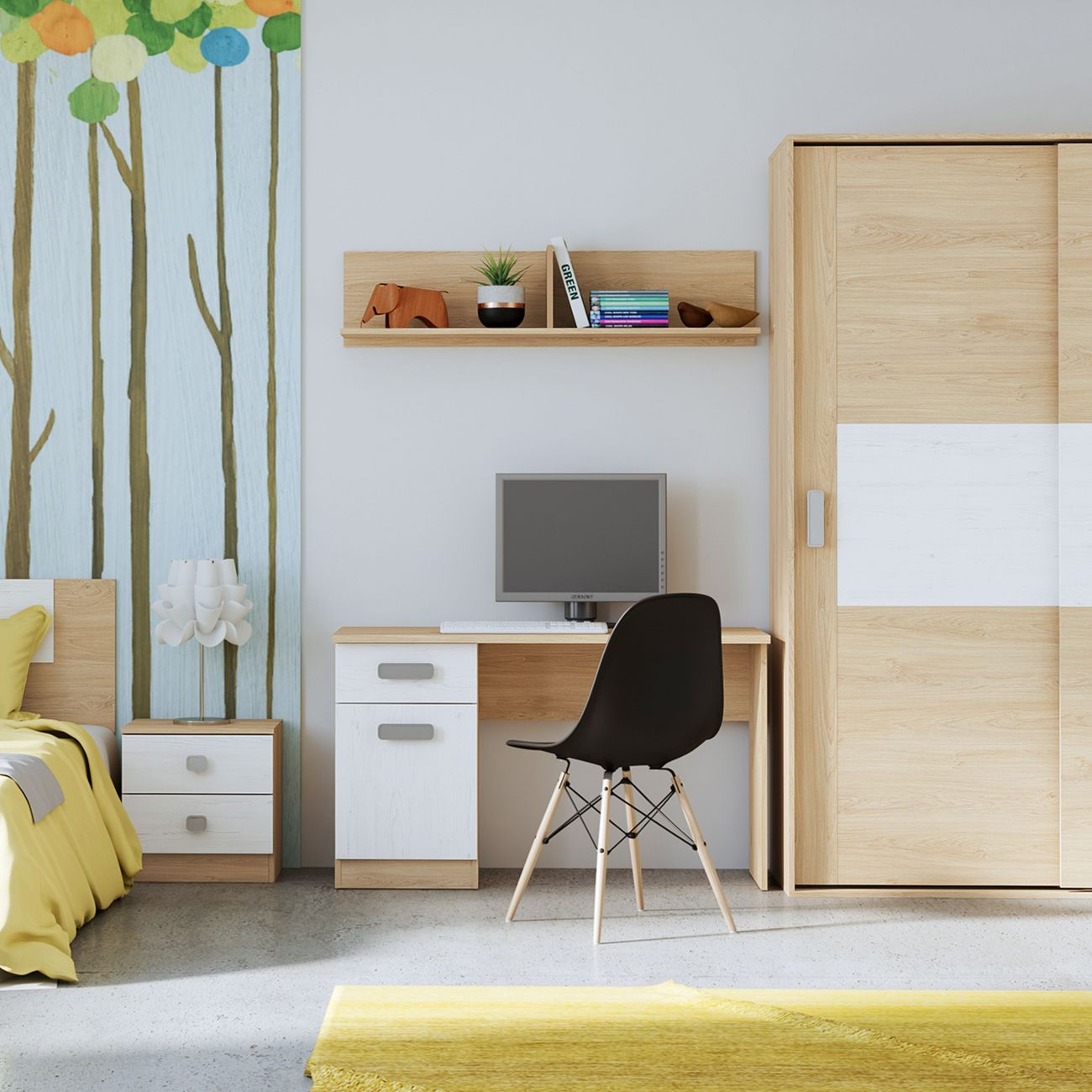 Un dormitorio con cama, escritorio, ordenador, armario y alfombra amarilla.