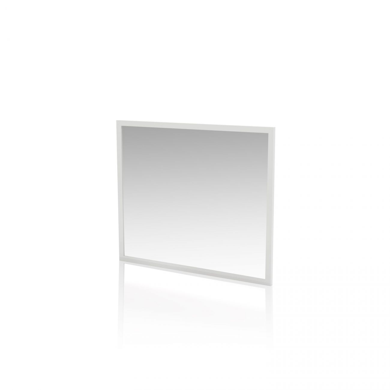 Un espejo rectangular con un marco blanco fino, reflejándose en una superficie blanca.
