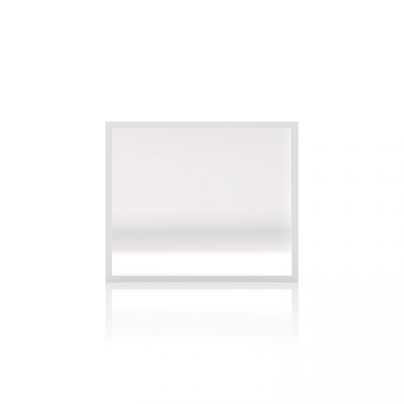 Un panel de luz cuadrado blanco con un borde gris delgado, proyectando un reflejo debajo, está centrado sobre un fondo blanco.