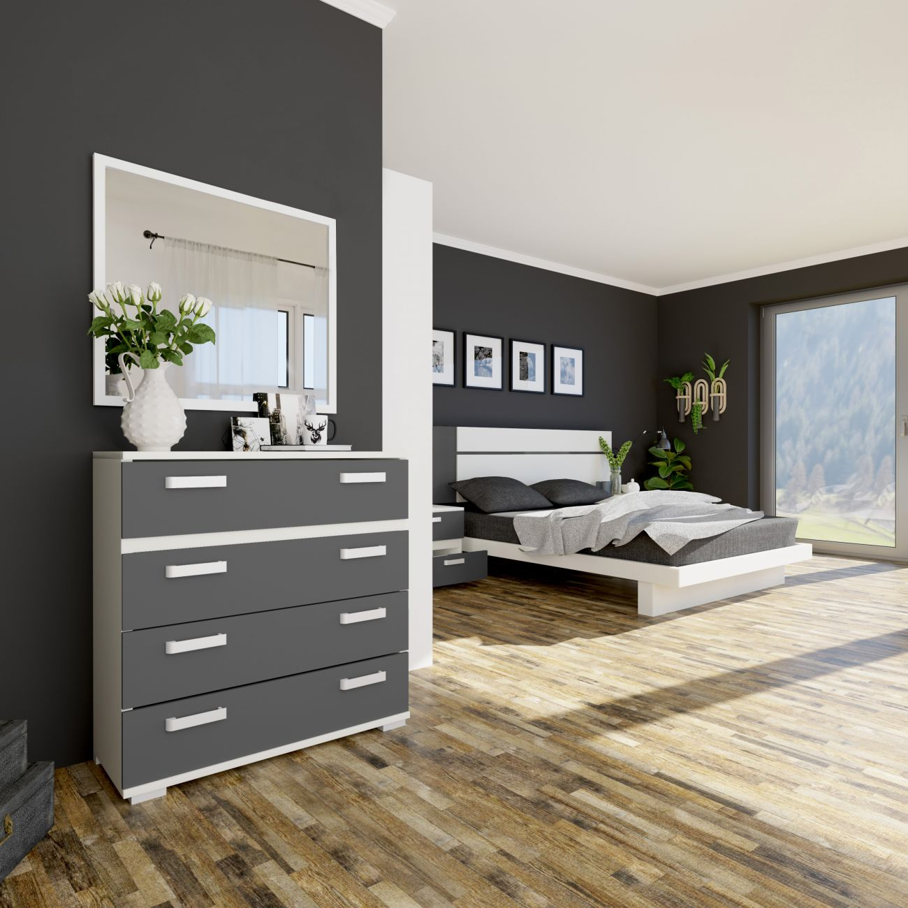 Dormitorio moderno con tocador gris, espejo blanco, cama y ventana grande.