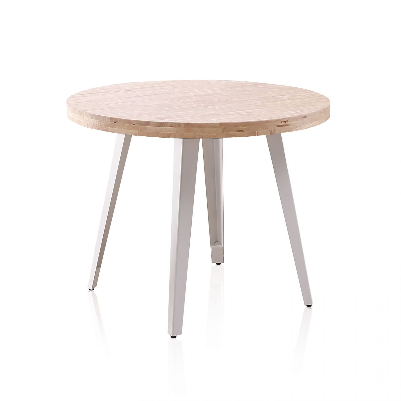 Mesa redonda de madera con tres patas metálicas blancas sobre fondo blanco.