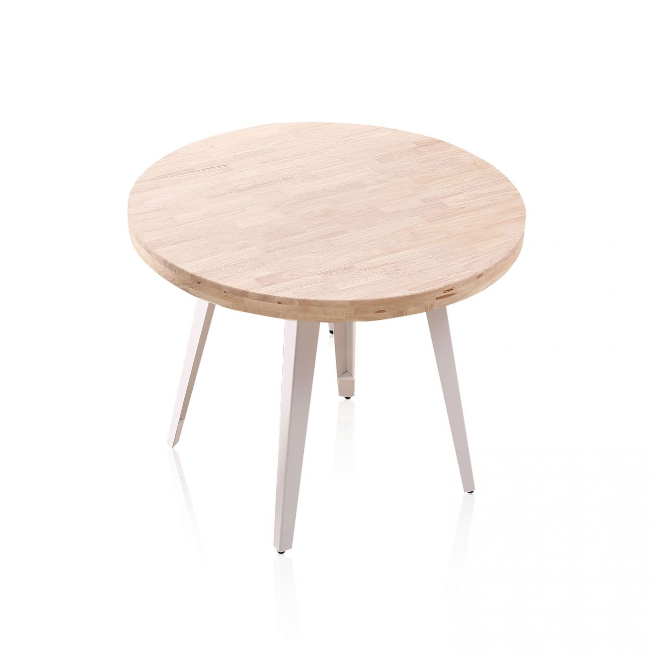 Mesa redonda de madera con tres patas metálicas blancas sobre fondo blanco.