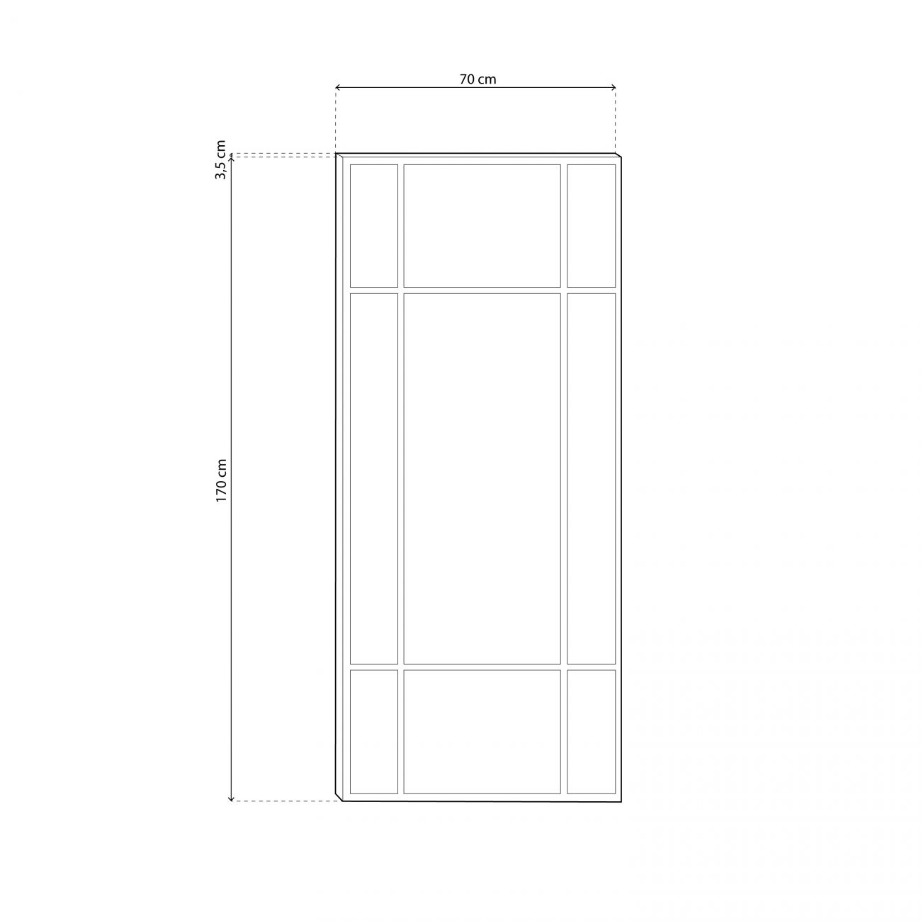 Un dibujo esquemático de una forma rectangular con divisiones, 70 cm de ancho y 170 cm de alto.