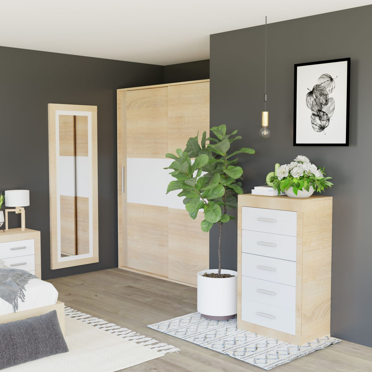 Dormitorio moderno con cama de madera, armario, cómoda y espejo.