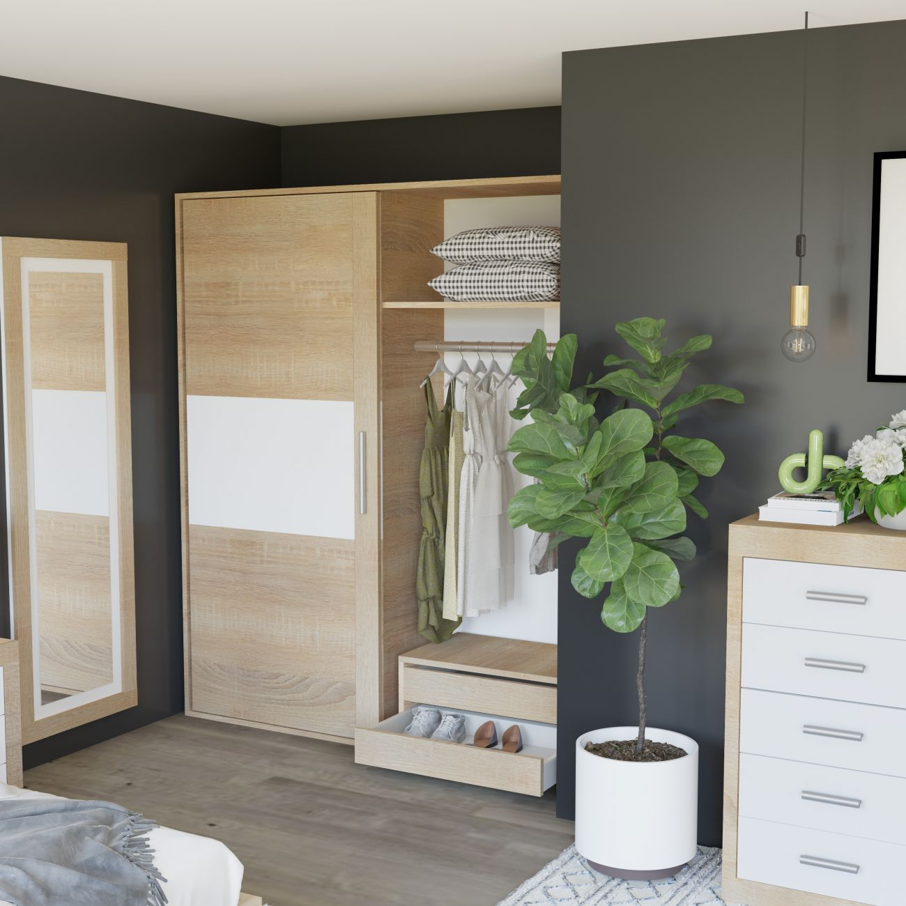Un dormitorio con suelo de madera, armario, espejo y cómoda.
