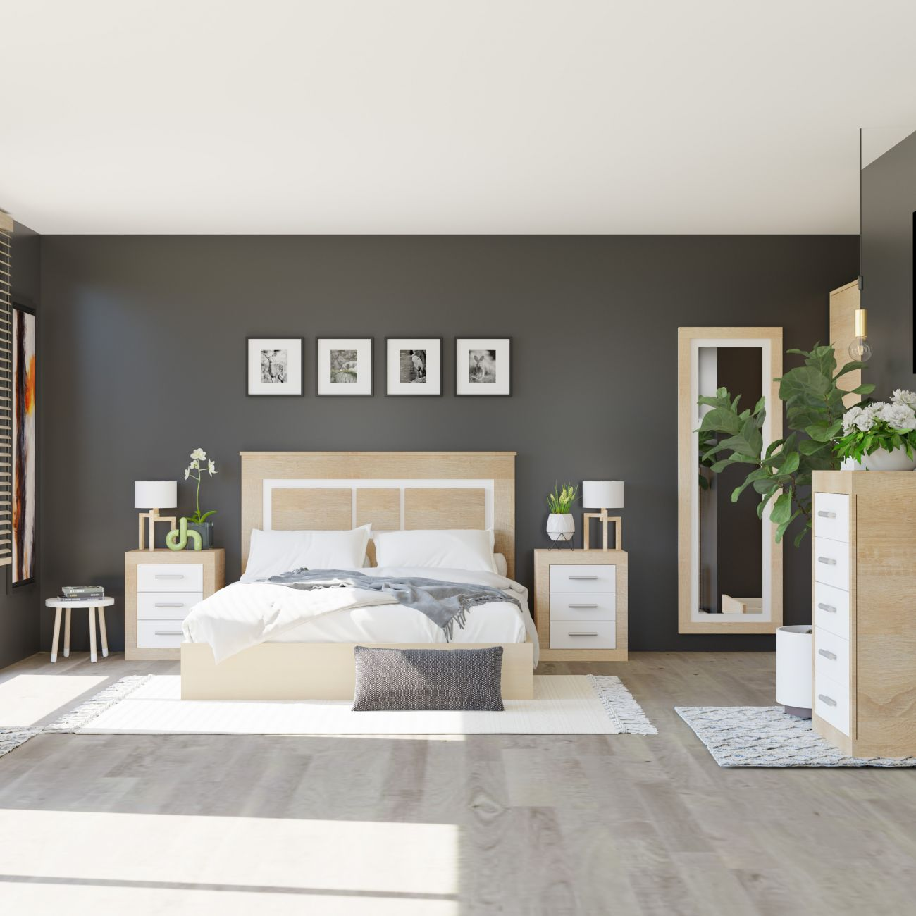 Un dormitorio luminoso con cama king, mesitas de noche, espejo y cómoda.