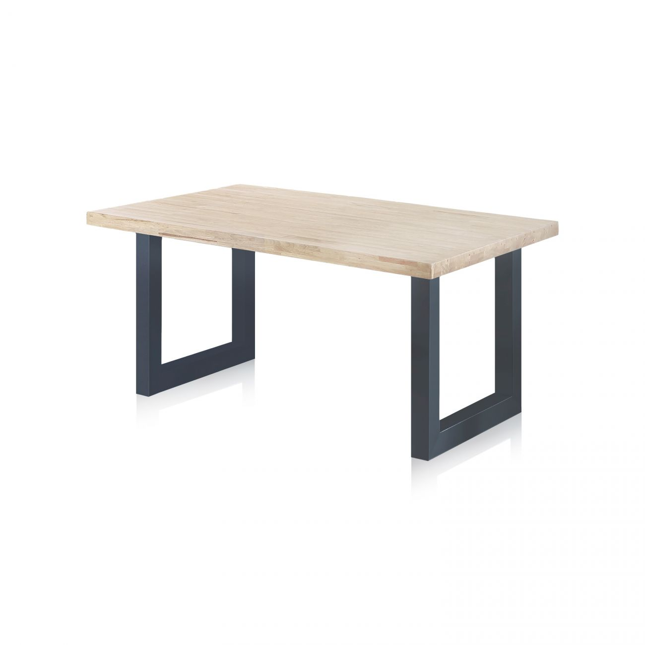 Una mesa de madera con tablero rectangular y dos patas metálicas grises oscuras en forma de U.