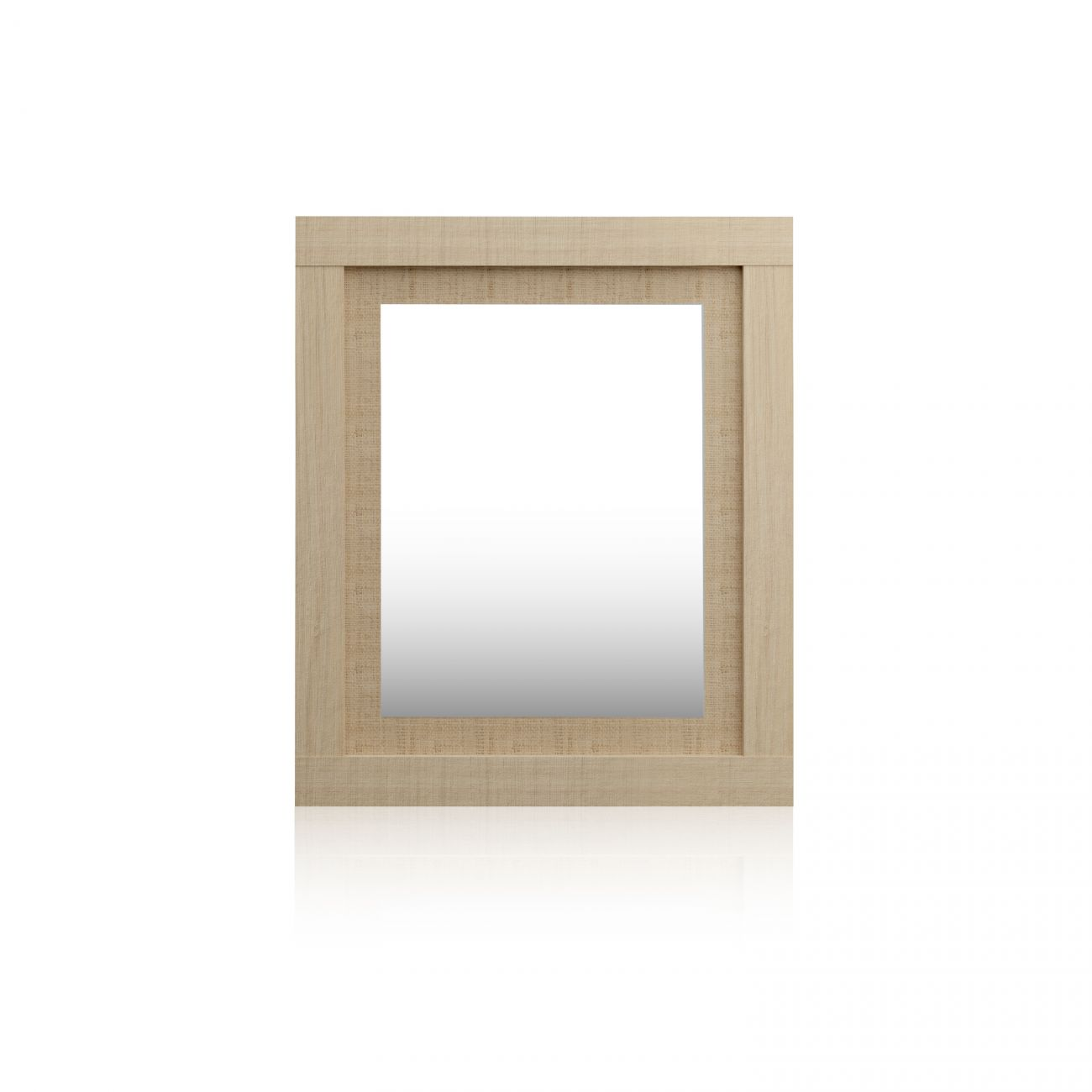 Un espejo rectangular con marco de madera marrón claro y textura similar al lino.