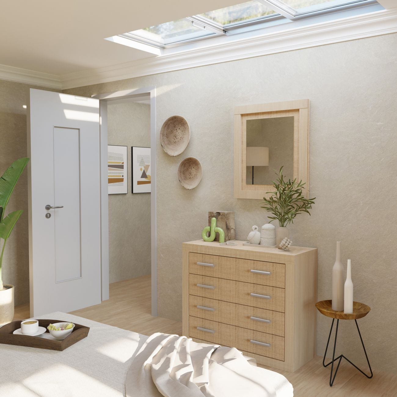Un dormitorio luminoso con cómoda, espejo, tragaluz y cama. Decorado con plantas.