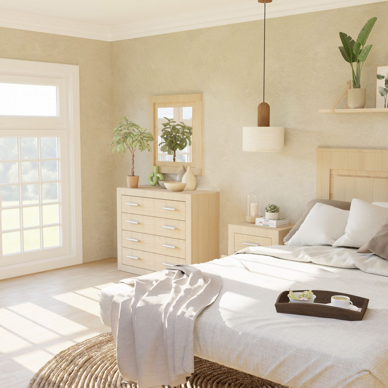 Un dormitorio luminoso con cama, cómoda, espejo y ventana grande. Entra la luz del sol.