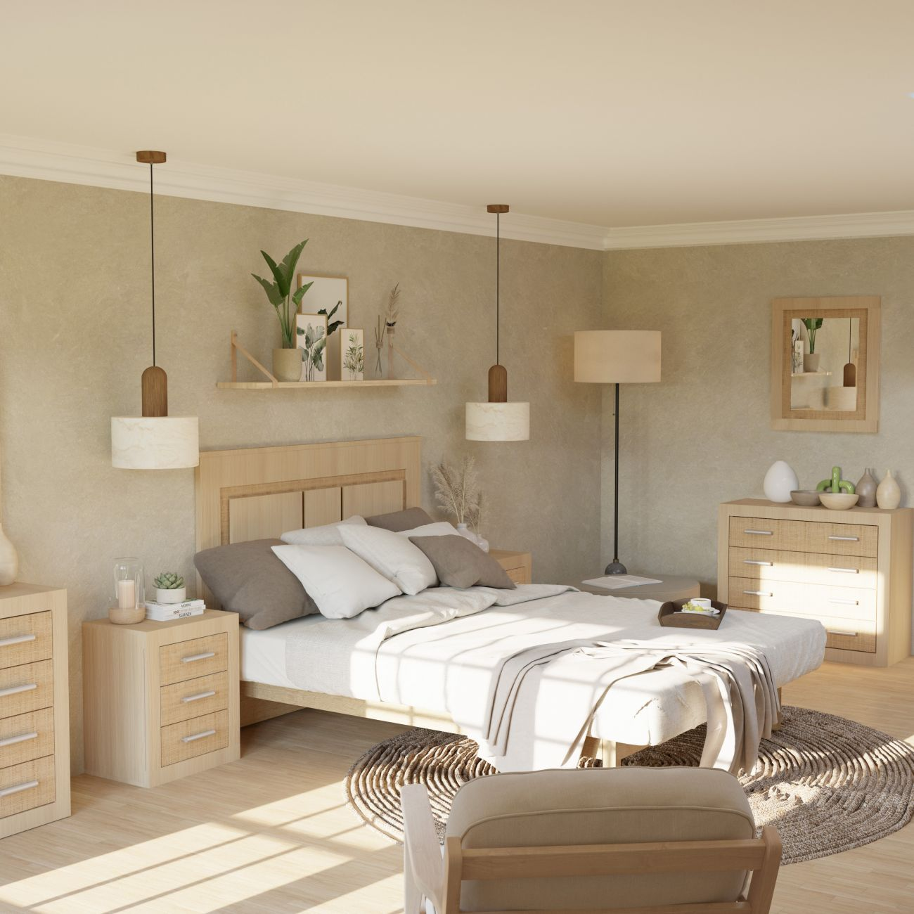 Un dormitorio luminoso con cama de madera, mesitas de noche, lámparas y espejo.