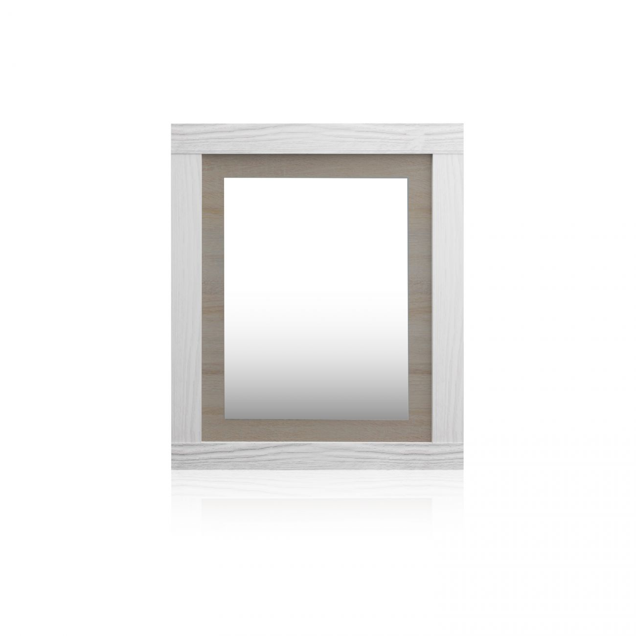 Un espejo rectangular con marco de madera y frente blanco.