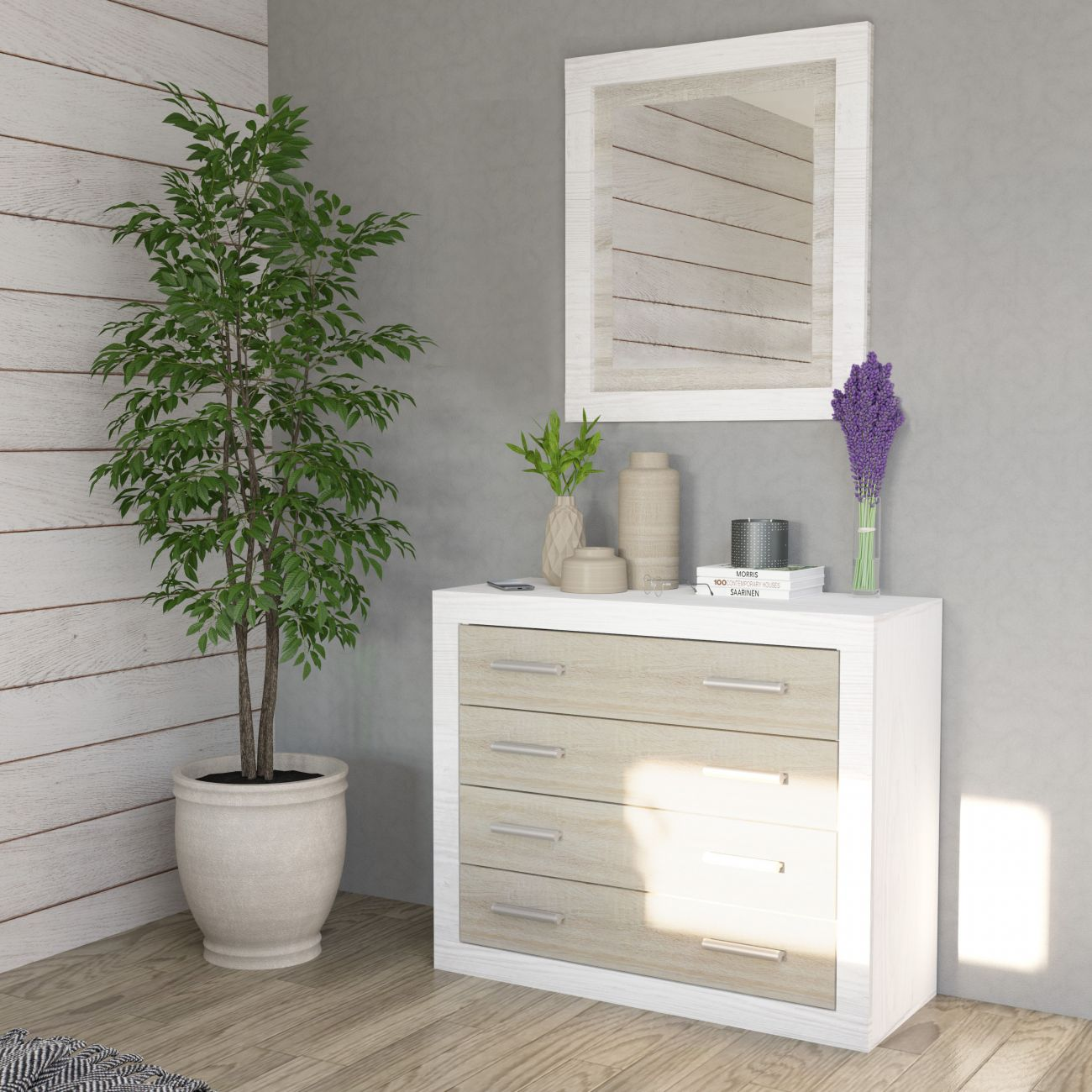 Una habitación con una cómoda, espejo, planta y objetos decorativos.
