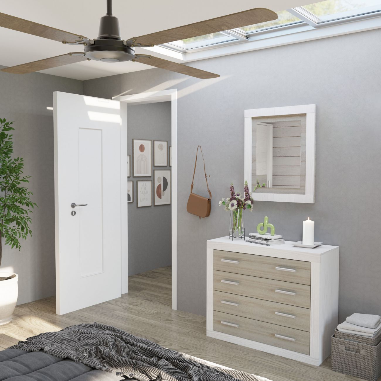 Un dormitorio con ventilador de techo, puerta abierta y cómoda.