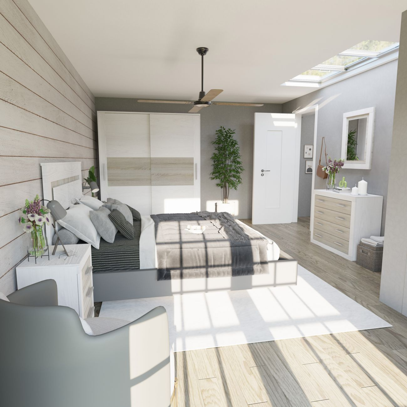 Un dormitorio con cama, mesitas de noche, armario, cómoda y zona de estar.
