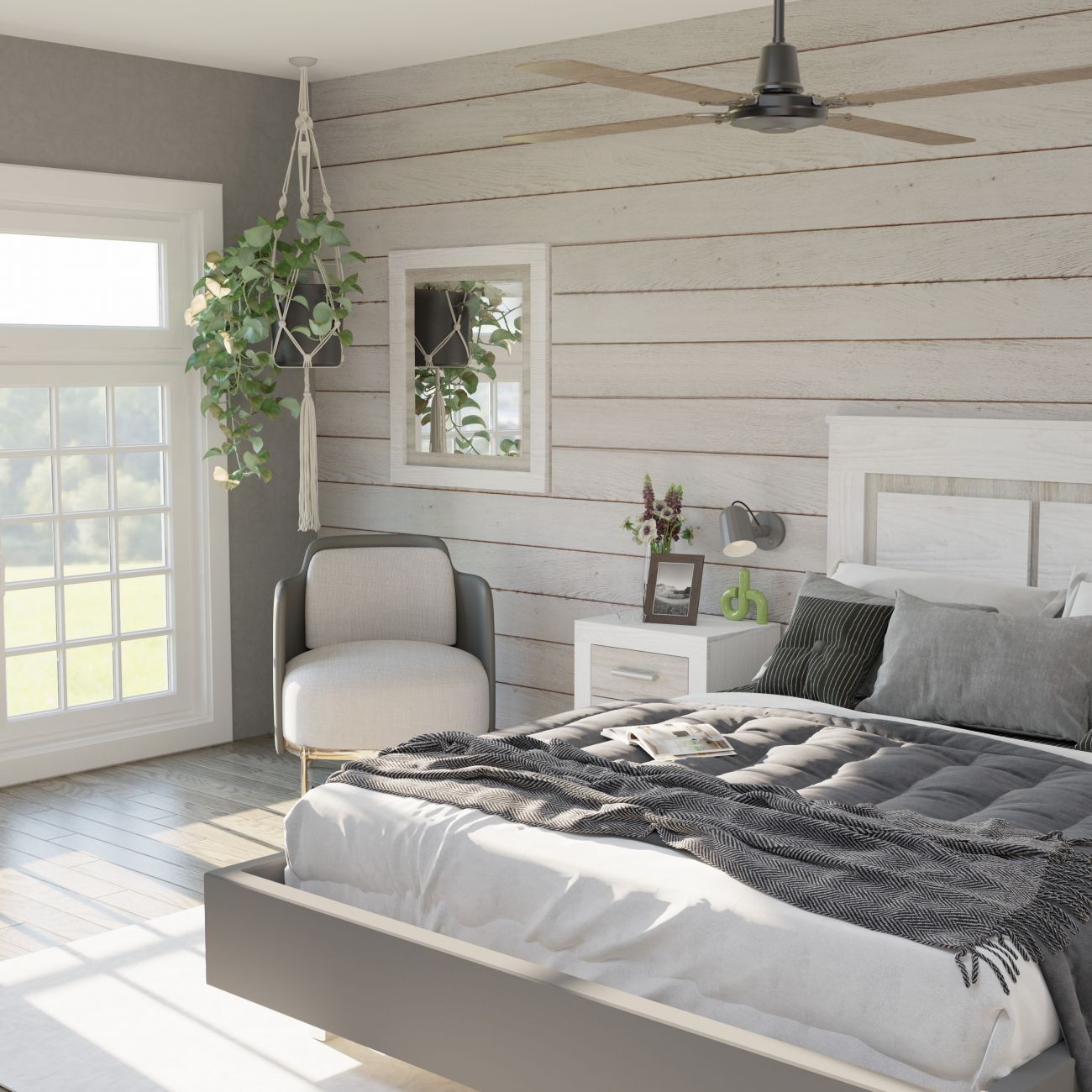 Un dormitorio con cama, sillón, mesita de noche y ventana.