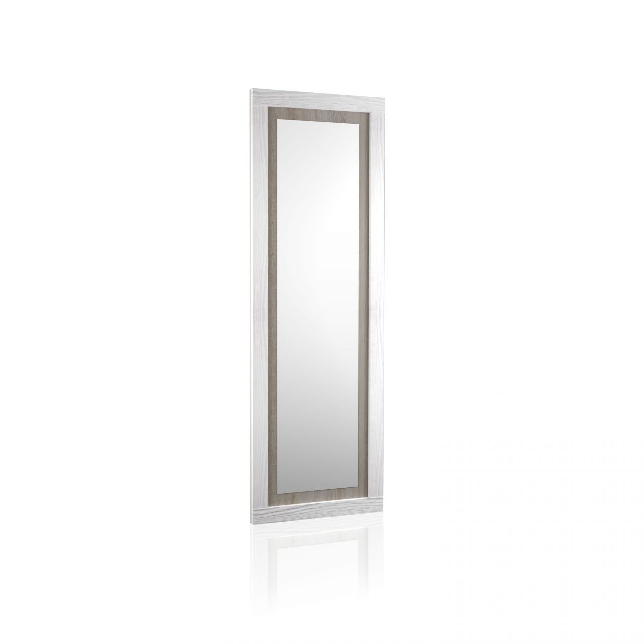 Un espejo rectangular alto con marco de madera gris y blanco.