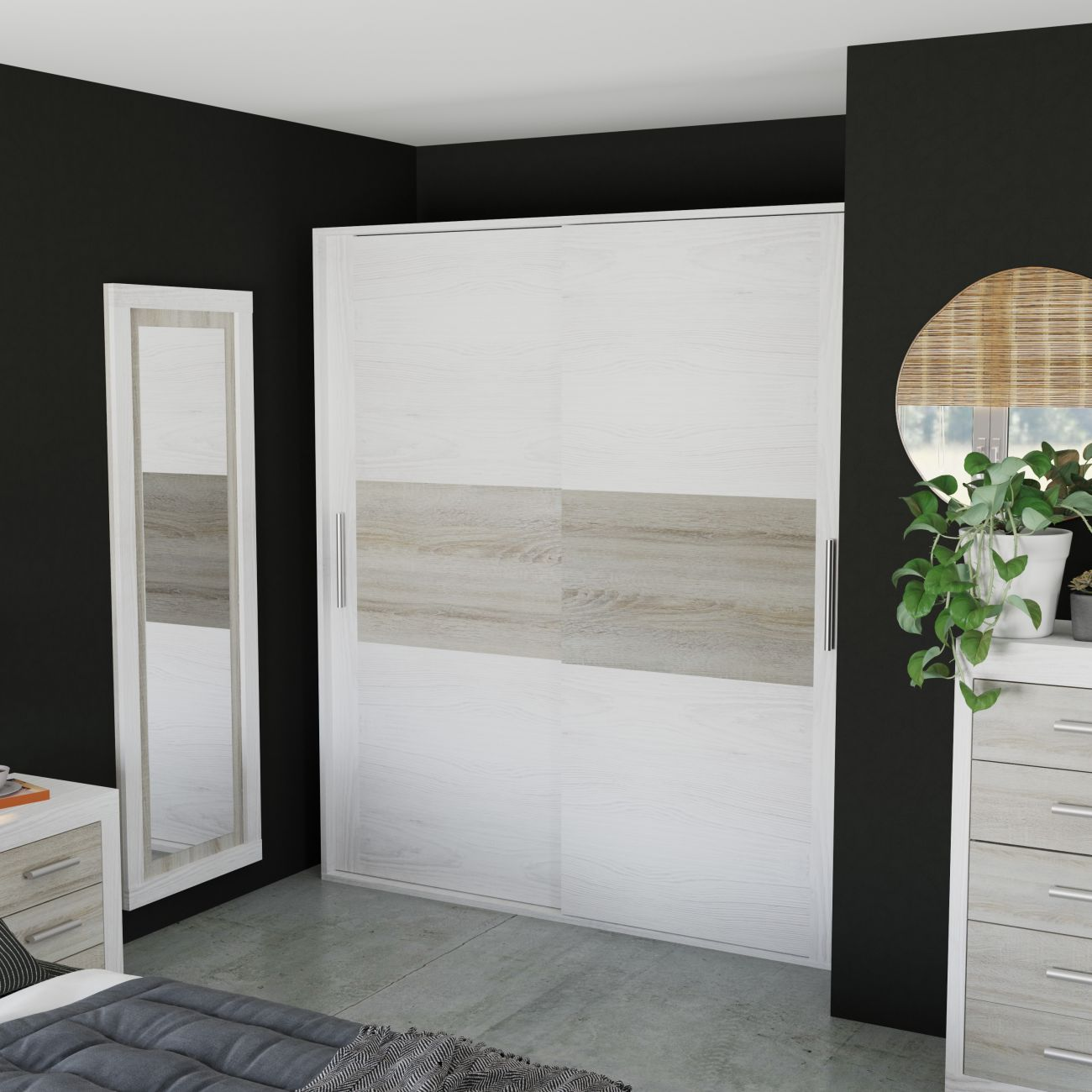 Un dormitorio con un gran armario blanco y un espejo. Detalles de madera.