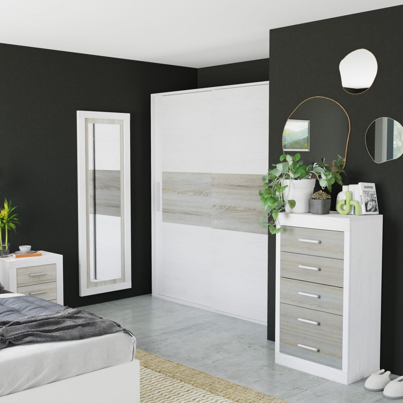 Un dormitorio con pared negra, armario, cómoda, espejo y cama.