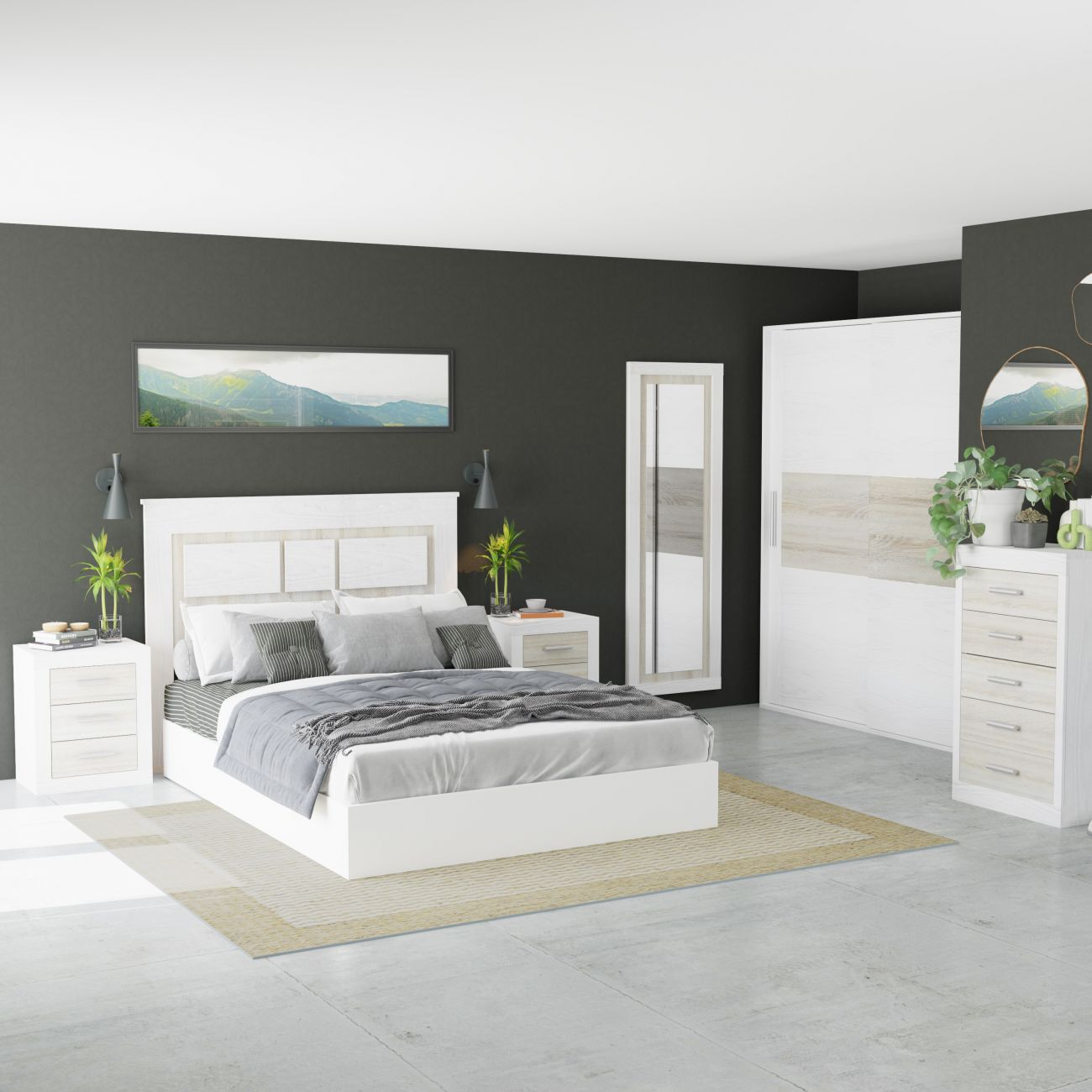 Dormitorio moderno con cama blanca, mesitas de noche, armario y cómoda.