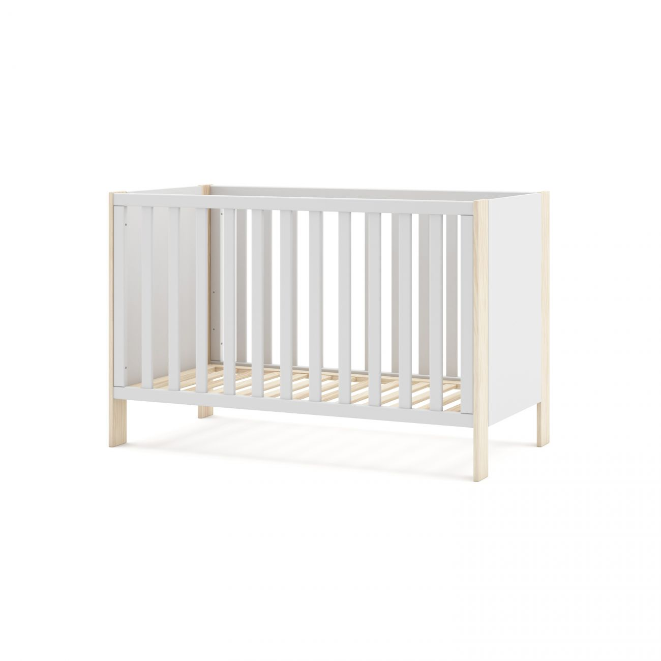 Una cuna blanca con detalles en madera clara y base de listones, sobre fondo blanco.