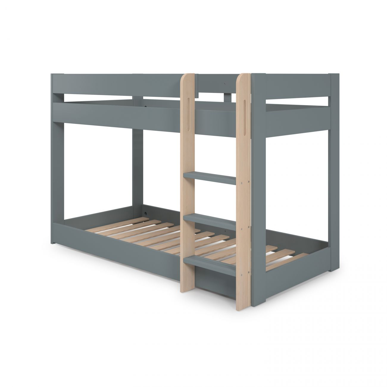 Litera gris con escalera de madera y somieres de listones.