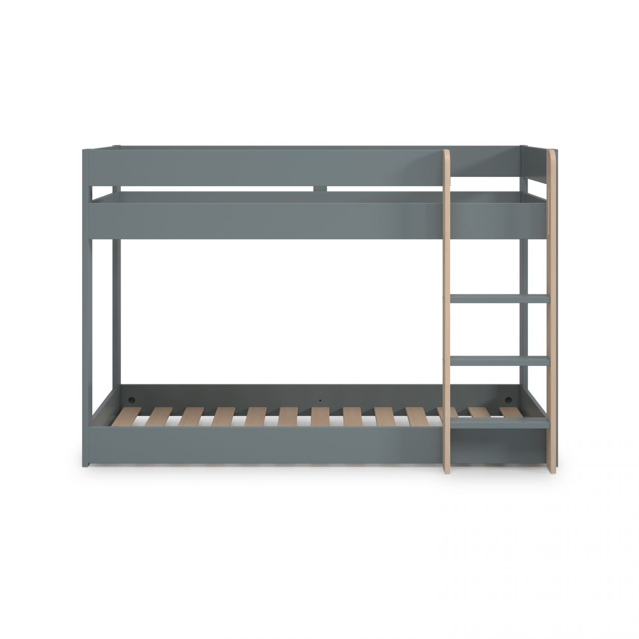 Litera gris con escalera de madera y somier de listones.