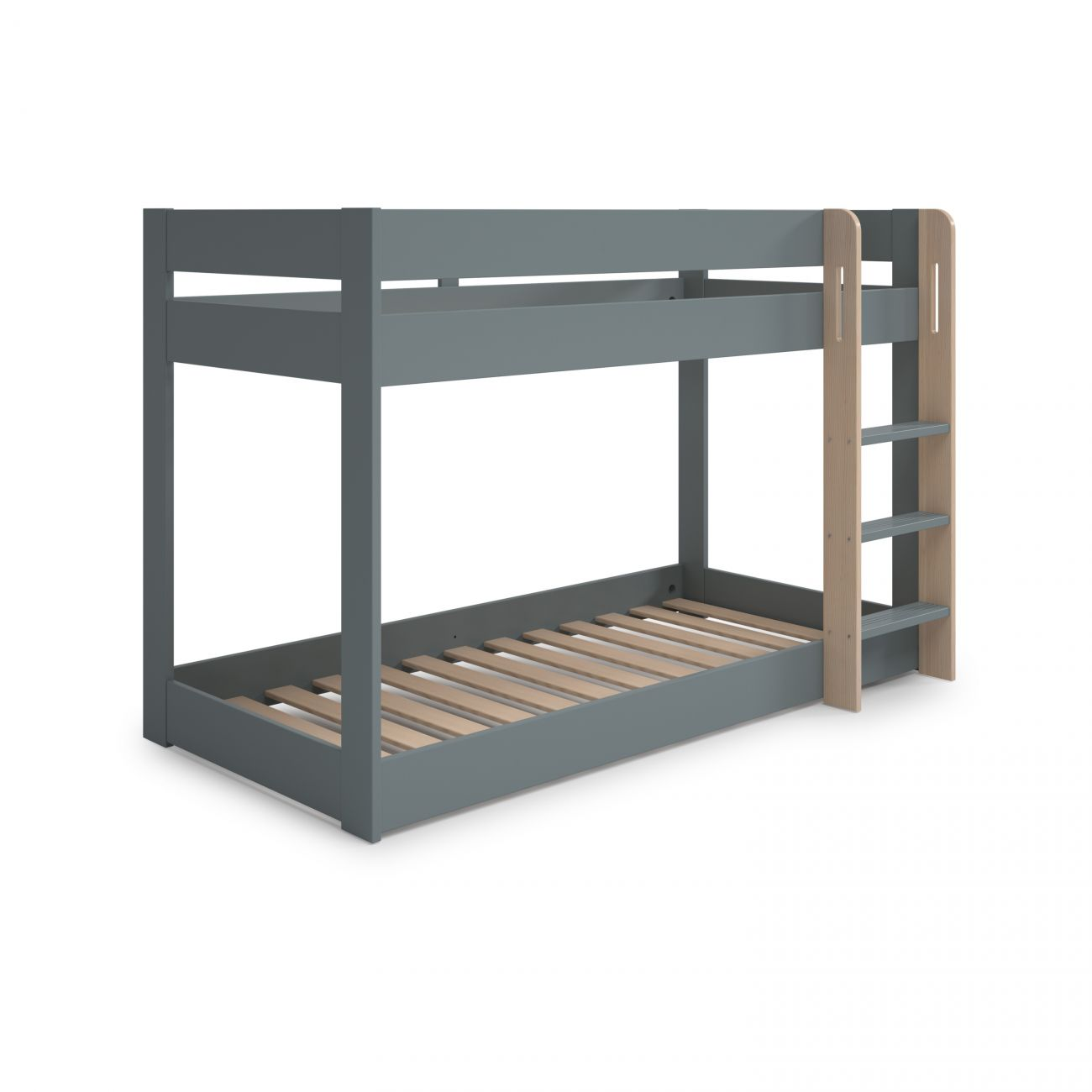 Litera gris con escalera de madera y base de listones, sobre fondo blanco.