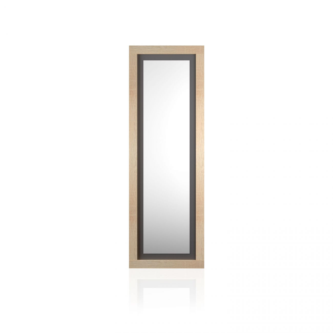 Un espejo alto y rectangular con marco de madera.