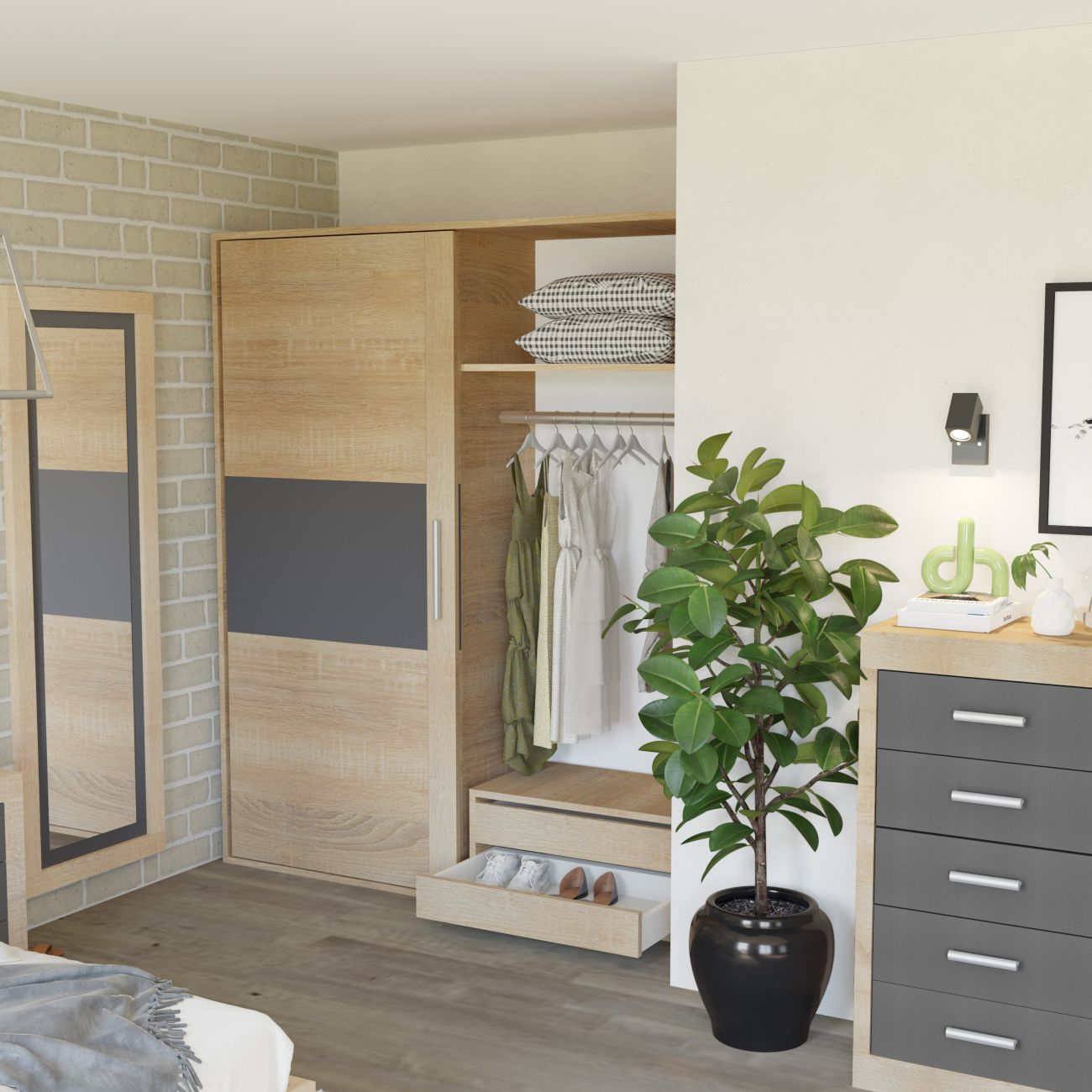 Un dormitorio con armario, cómoda, espejo y planta.