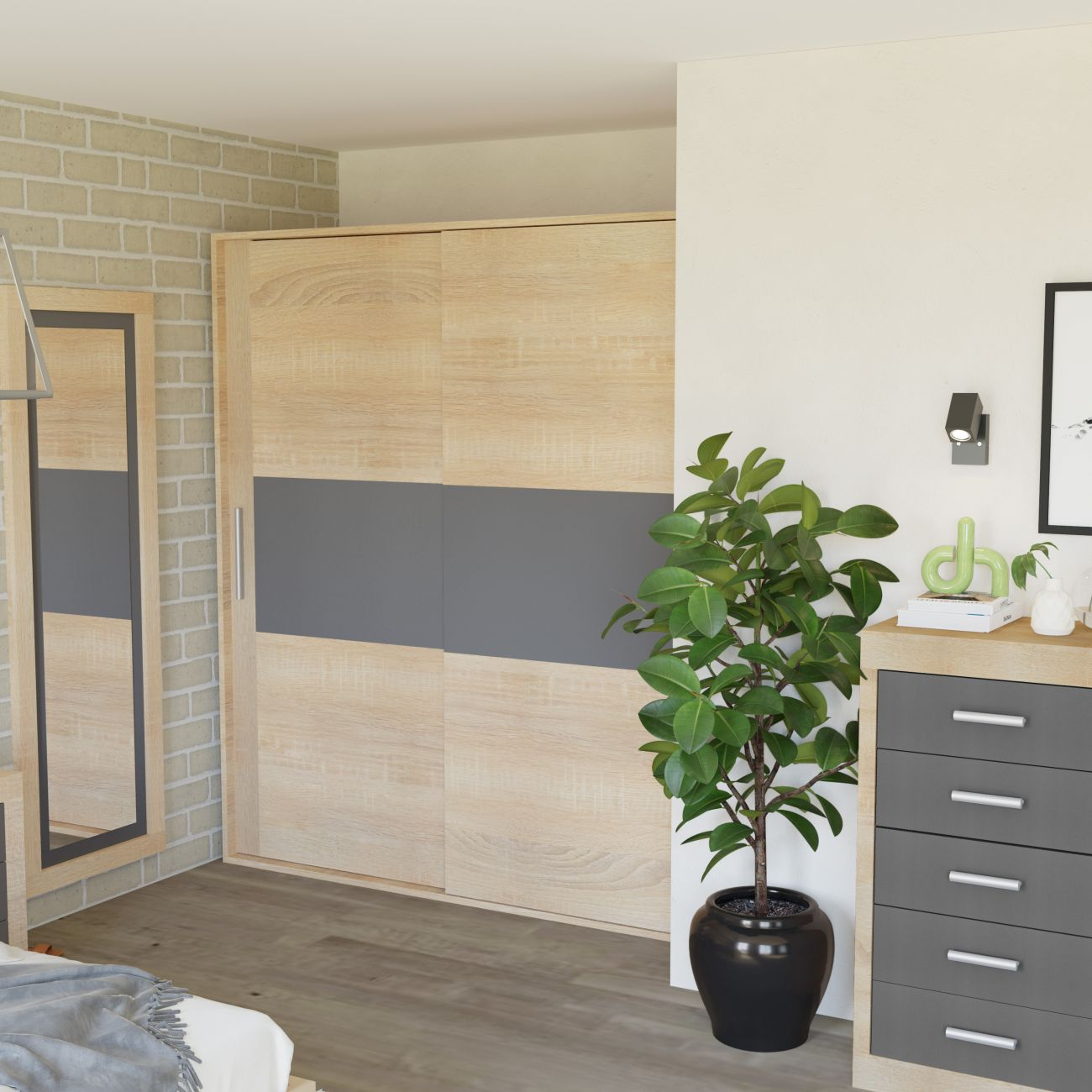 Un dormitorio con armario, cómoda y planta.