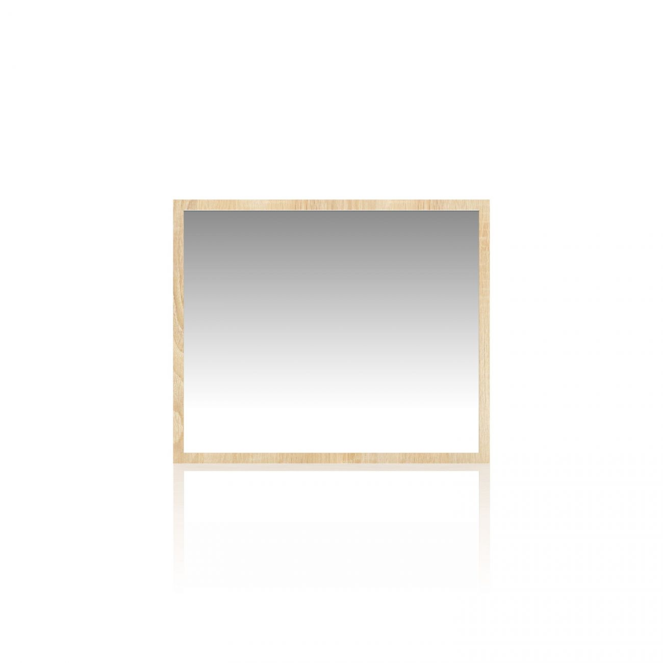 Un espejo rectangular con marco de madera clara sobre fondo blanco, con reflejo.