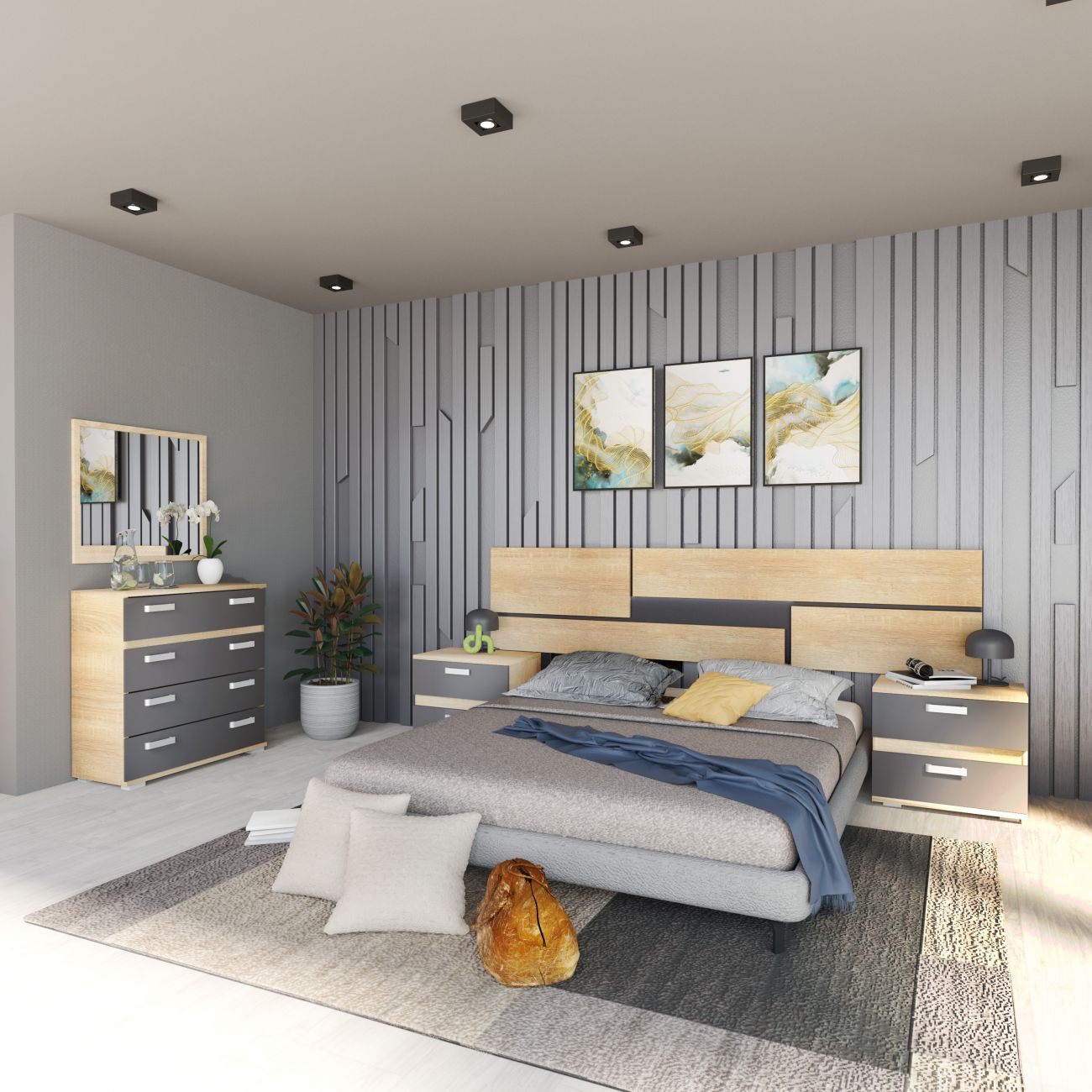 Dormitorio moderno con cama gris, cabecero de madera y decoración.