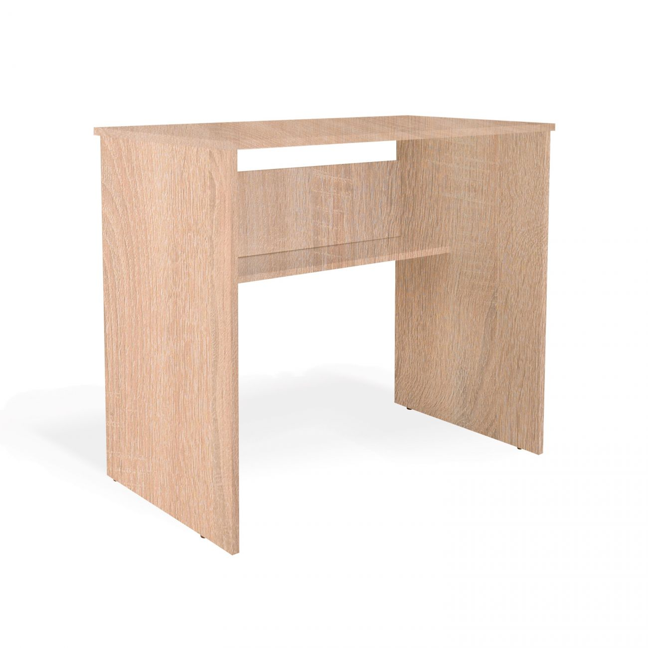 Un escritorio de madera de grano claro marrón claro sobre fondo blanco.