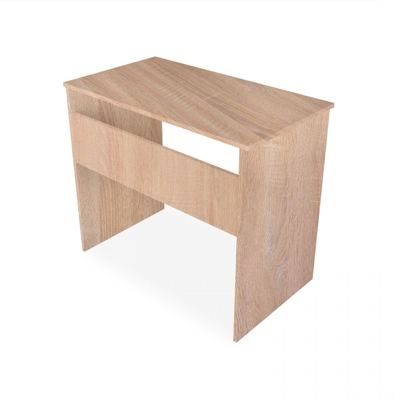 Una mesa de madera clara con laterales abiertos y tablero rectangular.