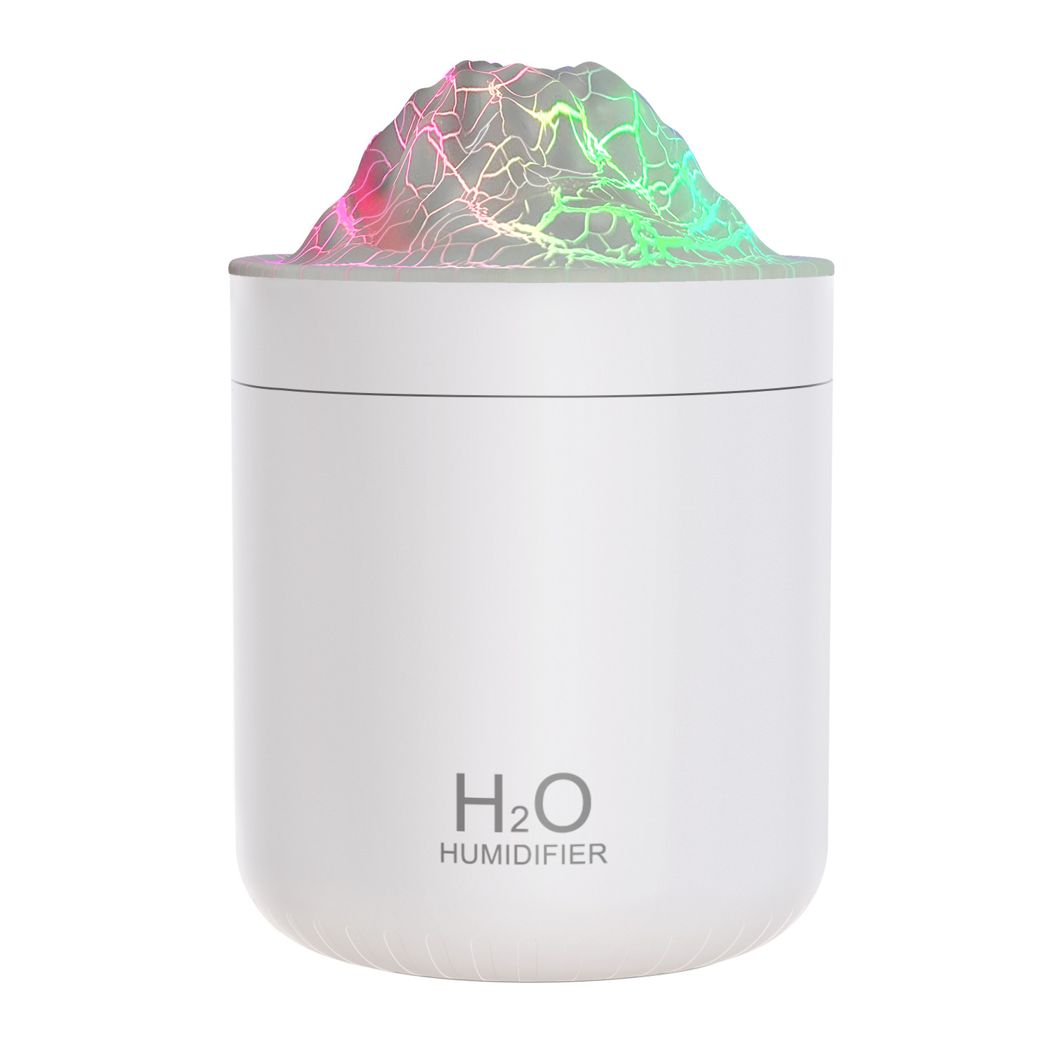Een witte luchtbevochtiger met H2O-logo en een getextureerde, kleurrijke bovenkant.