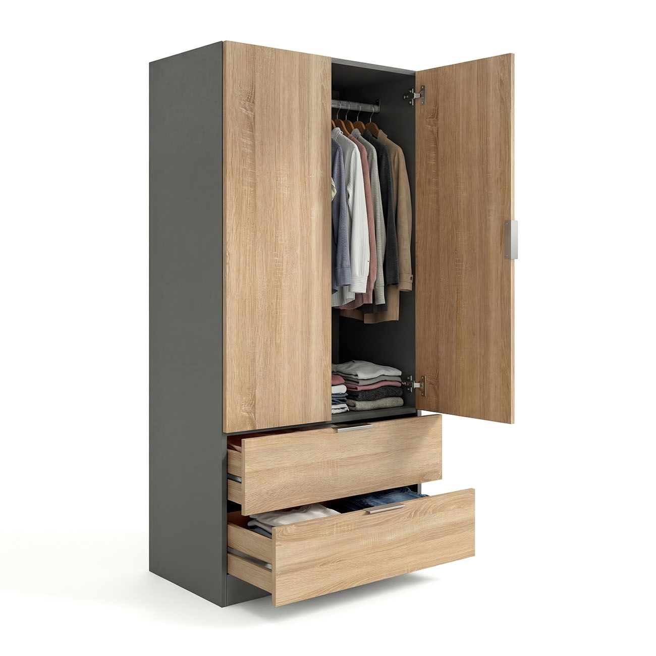 Un armario moderno con laterales grises, puertas y cajones de madera, lleno de ropa.