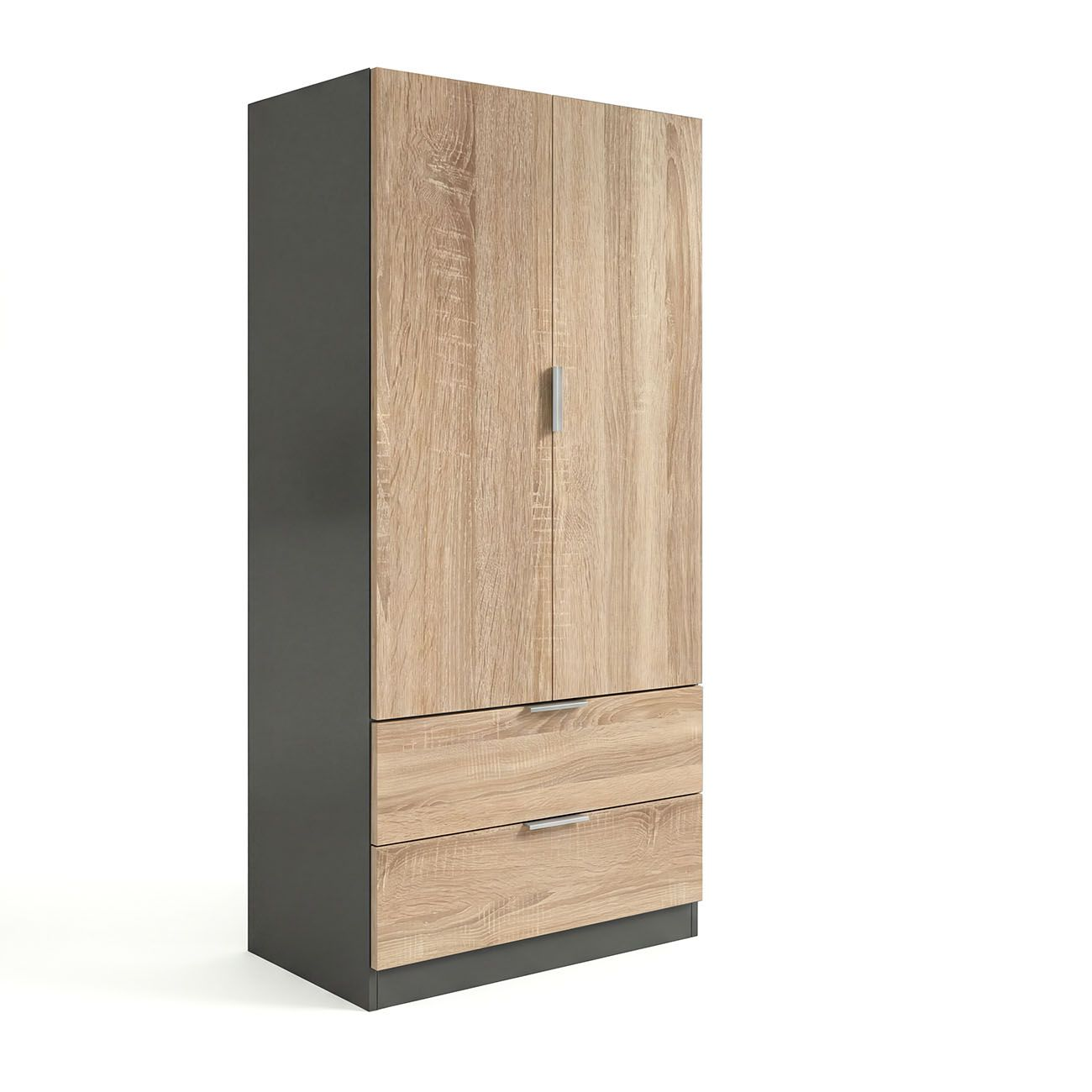 Armario alto y estrecho de dos puertas y dos cajones, frontal efecto madera y cuerpo gris oscuro.